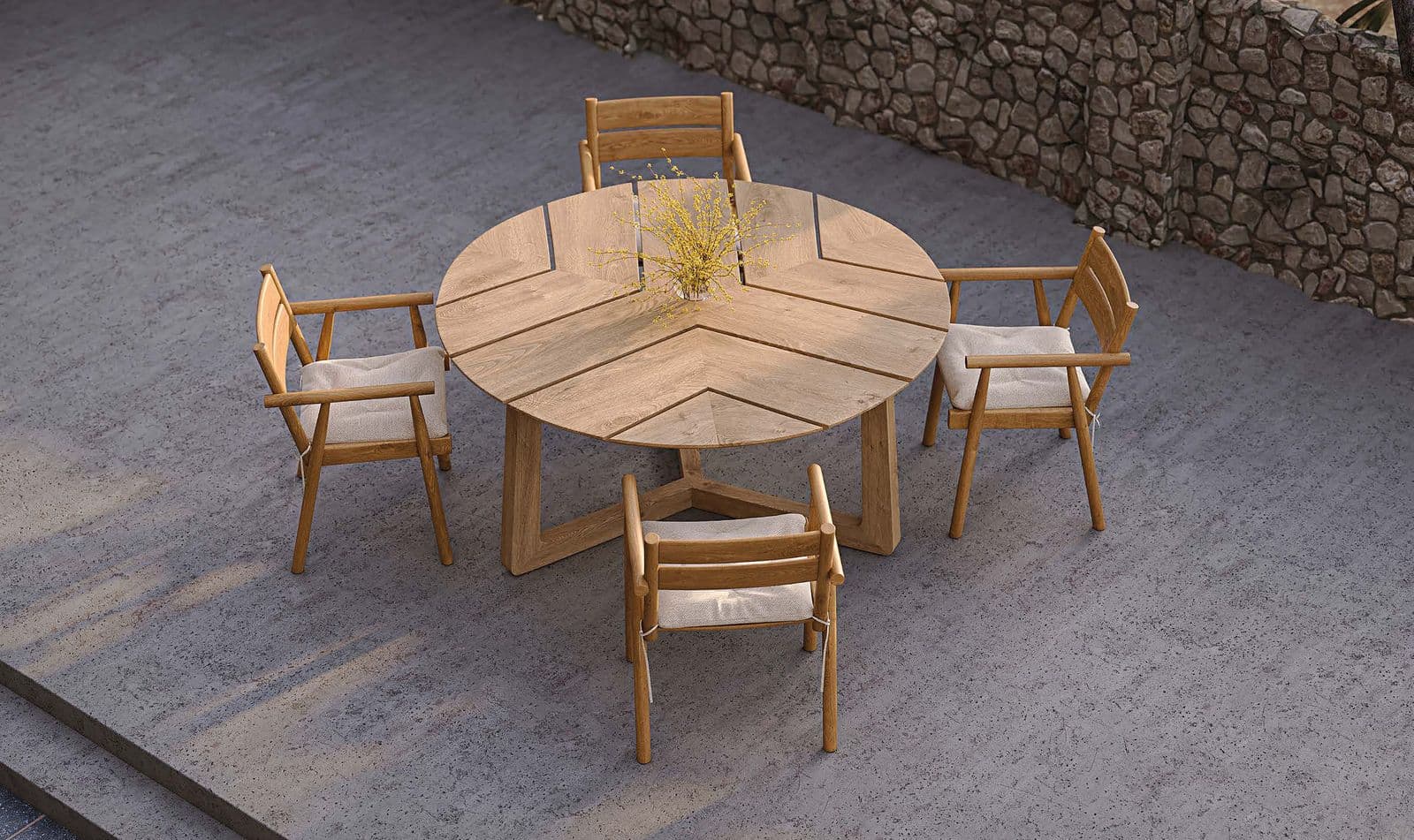 Atrani dining table, 158 cm leaf-shape teak top.