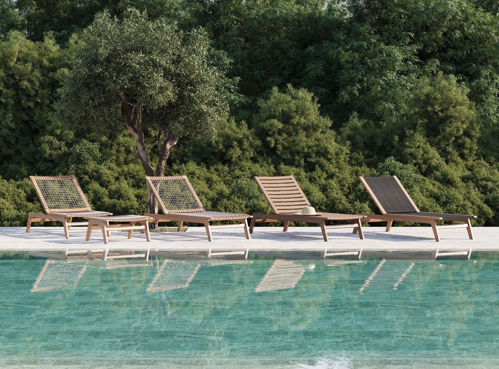 Forte sun loungers along a pool edge.