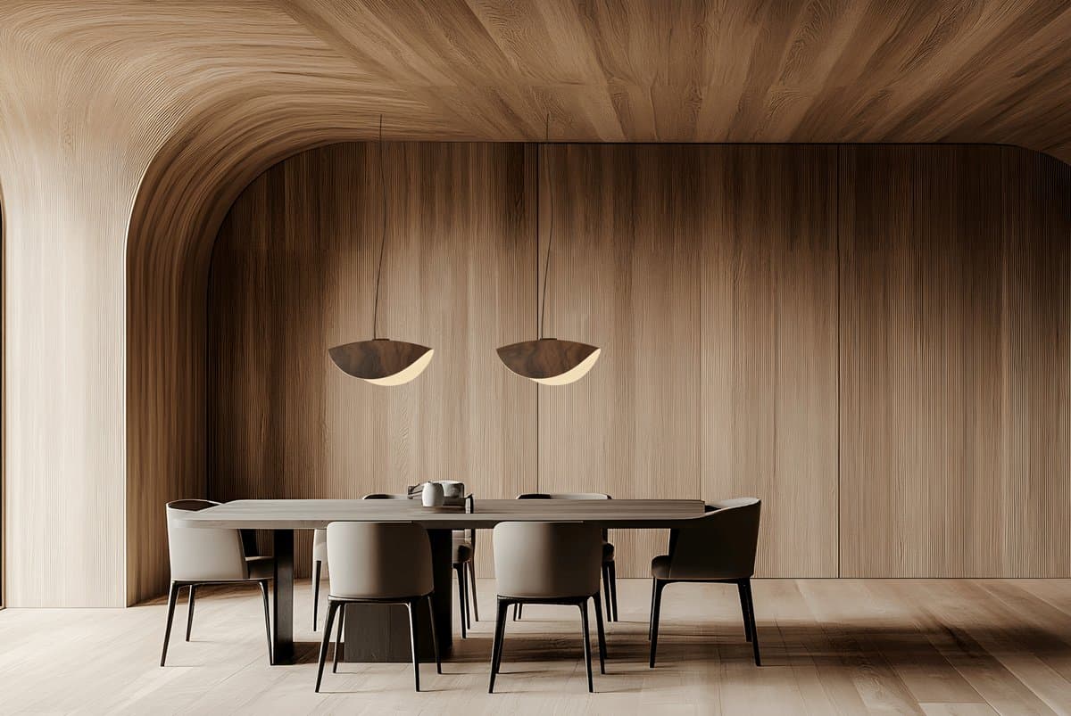 Infinity Pendant over a dining table in a curved timber room.