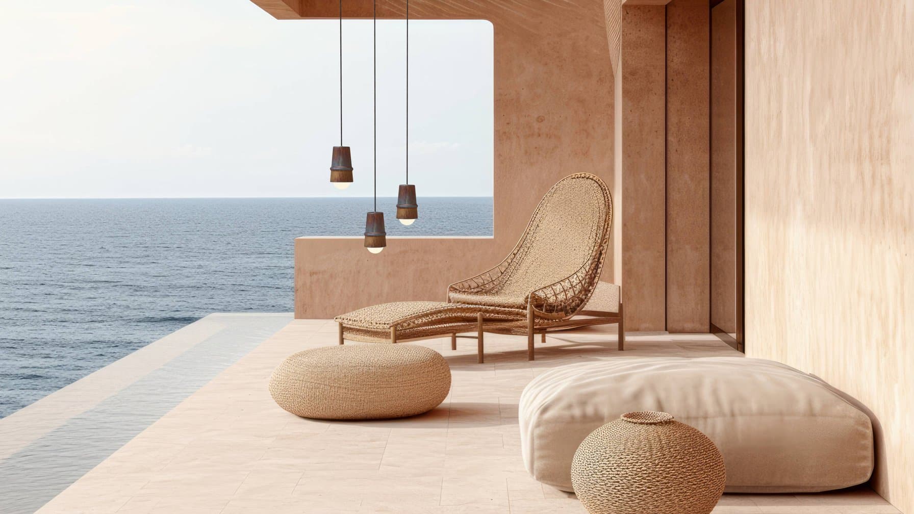 Ourika pendants on a seaside terrace at golden hour.