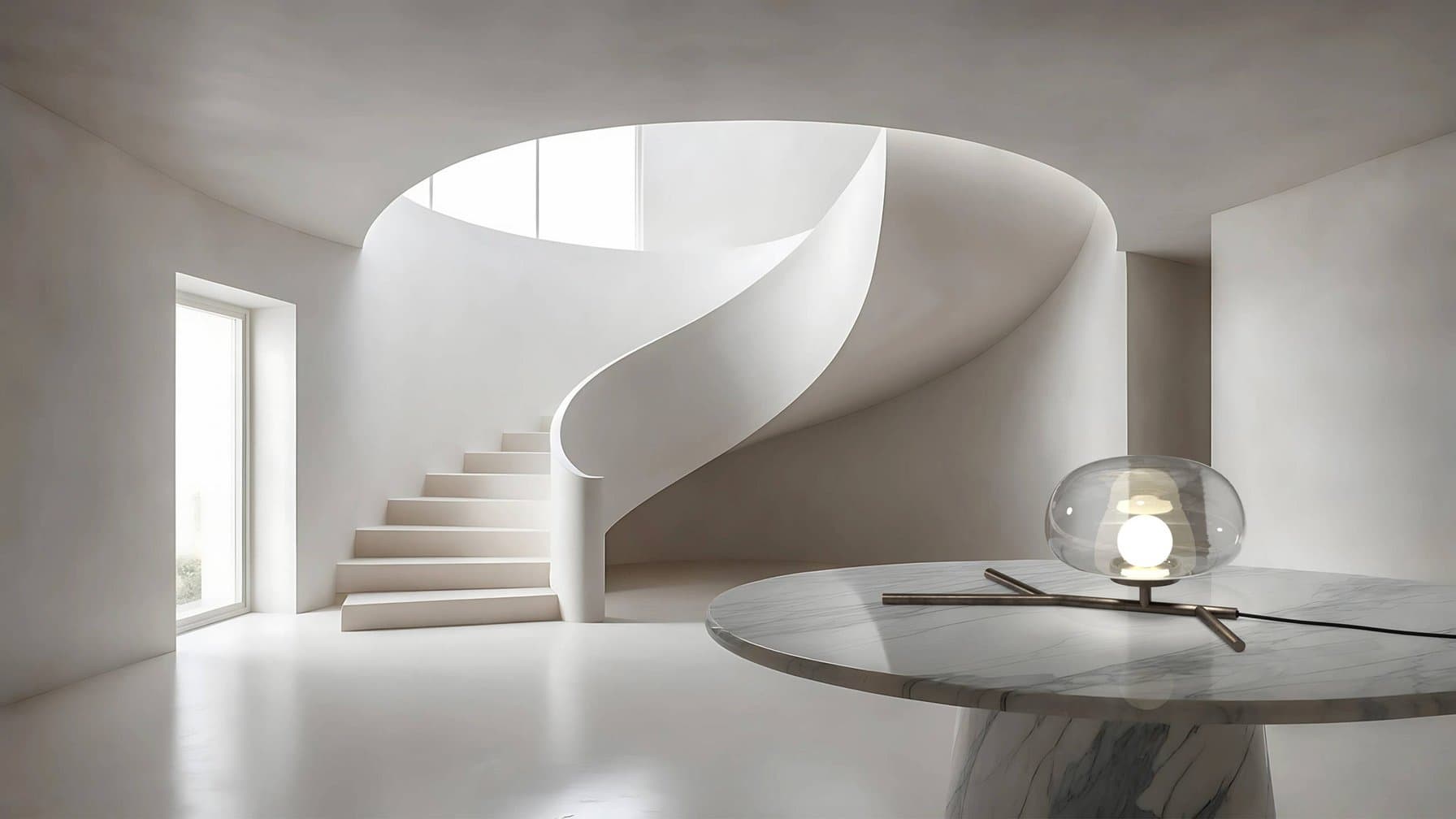 Talea-T table lamp beside a sculptural spiral stair.