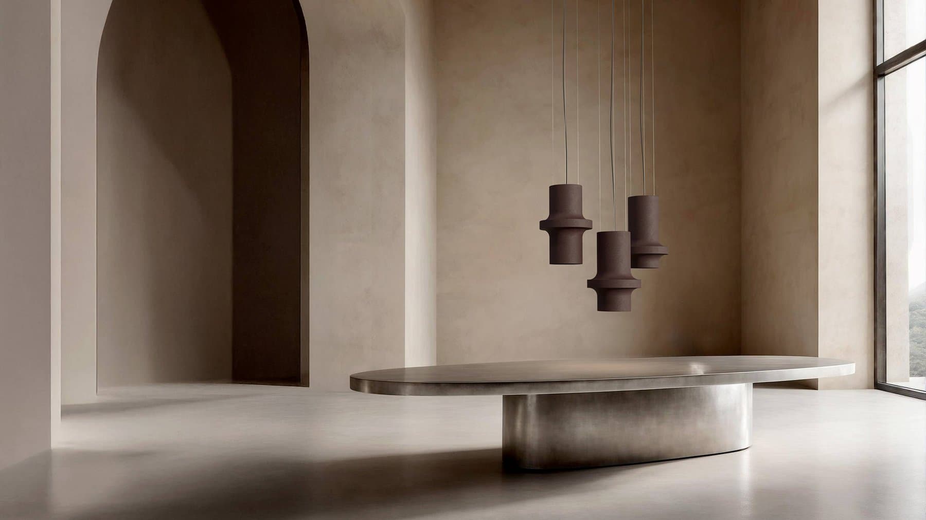 Nassa pendant trio over a cast-metal table.
