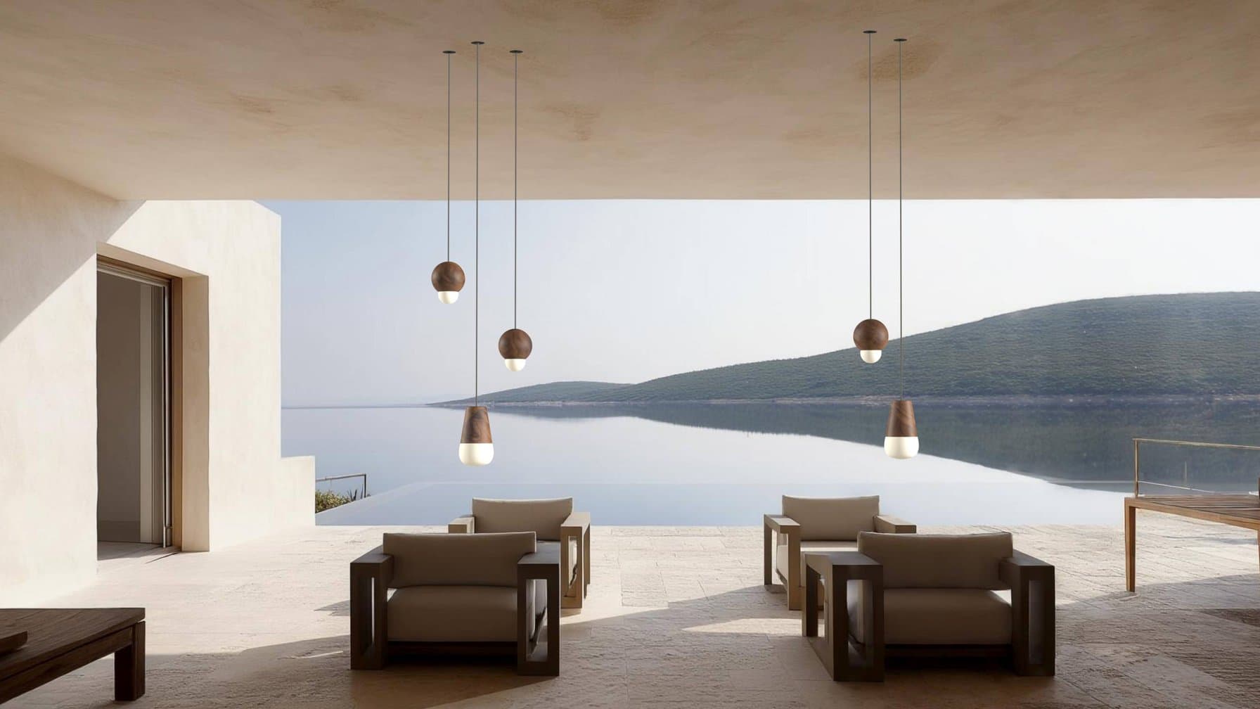 Oslo pendants over a lounge at dusk.