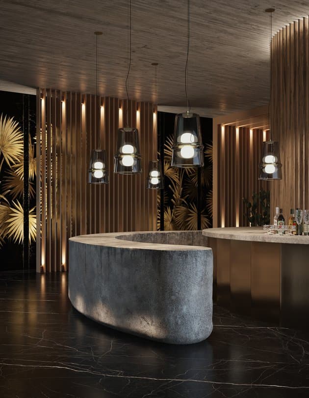 3x3x3 pendants in a moody bar interior.