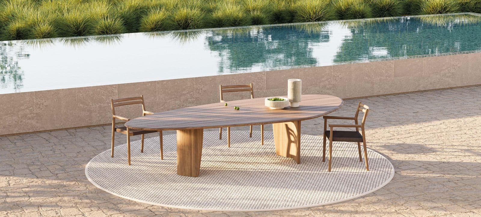 Sorrento organic dining table 340 cm with Florence arm chairs in walnut rope.