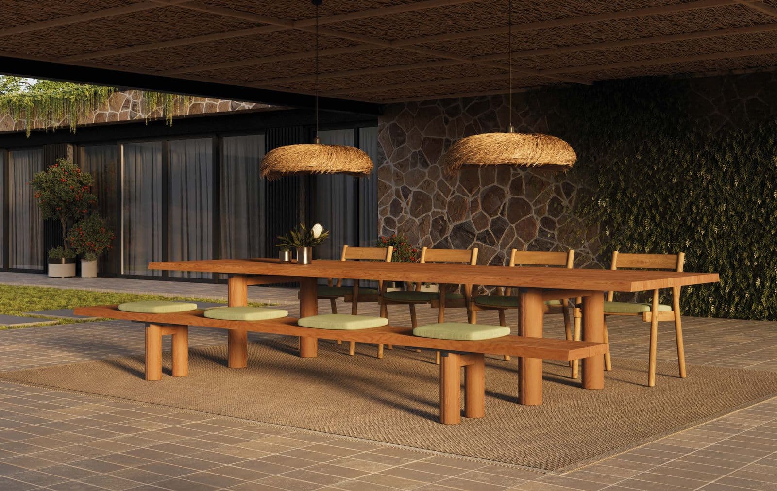 Otranto dining table with round leg, 400 cm, with Otranto bench.