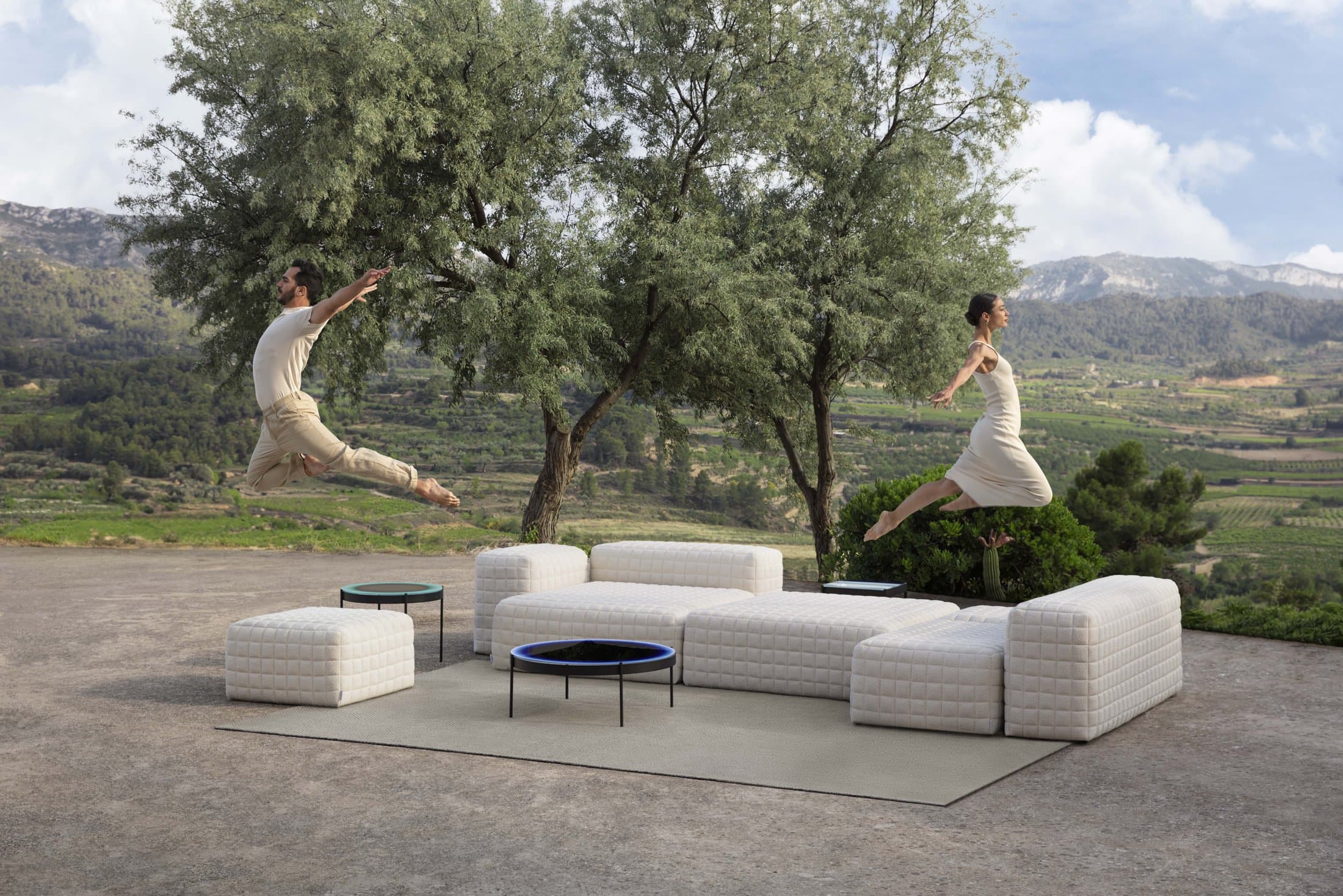 Erno quilted modules in Libera rice fabric on a hillside terrace.