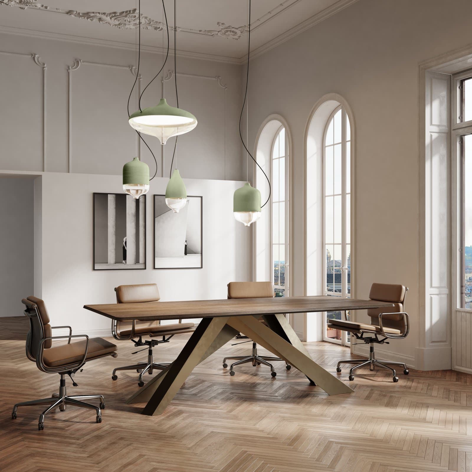T-Cotta pendants over a long table in an arched hall.