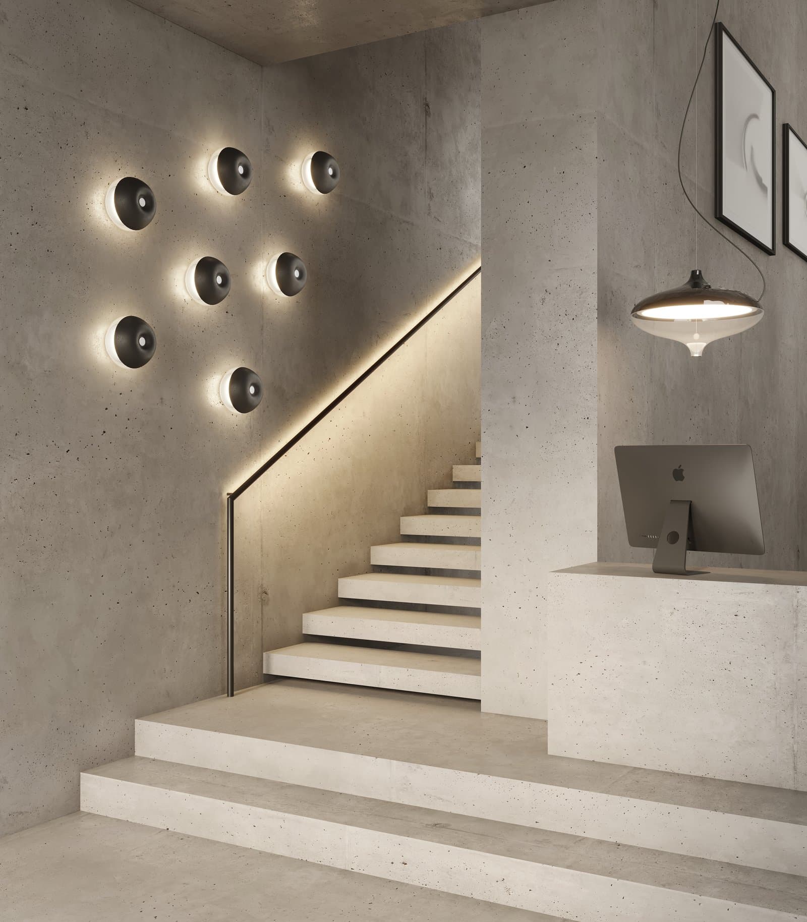 T-Cotta wall discs scattered up a stairwell.