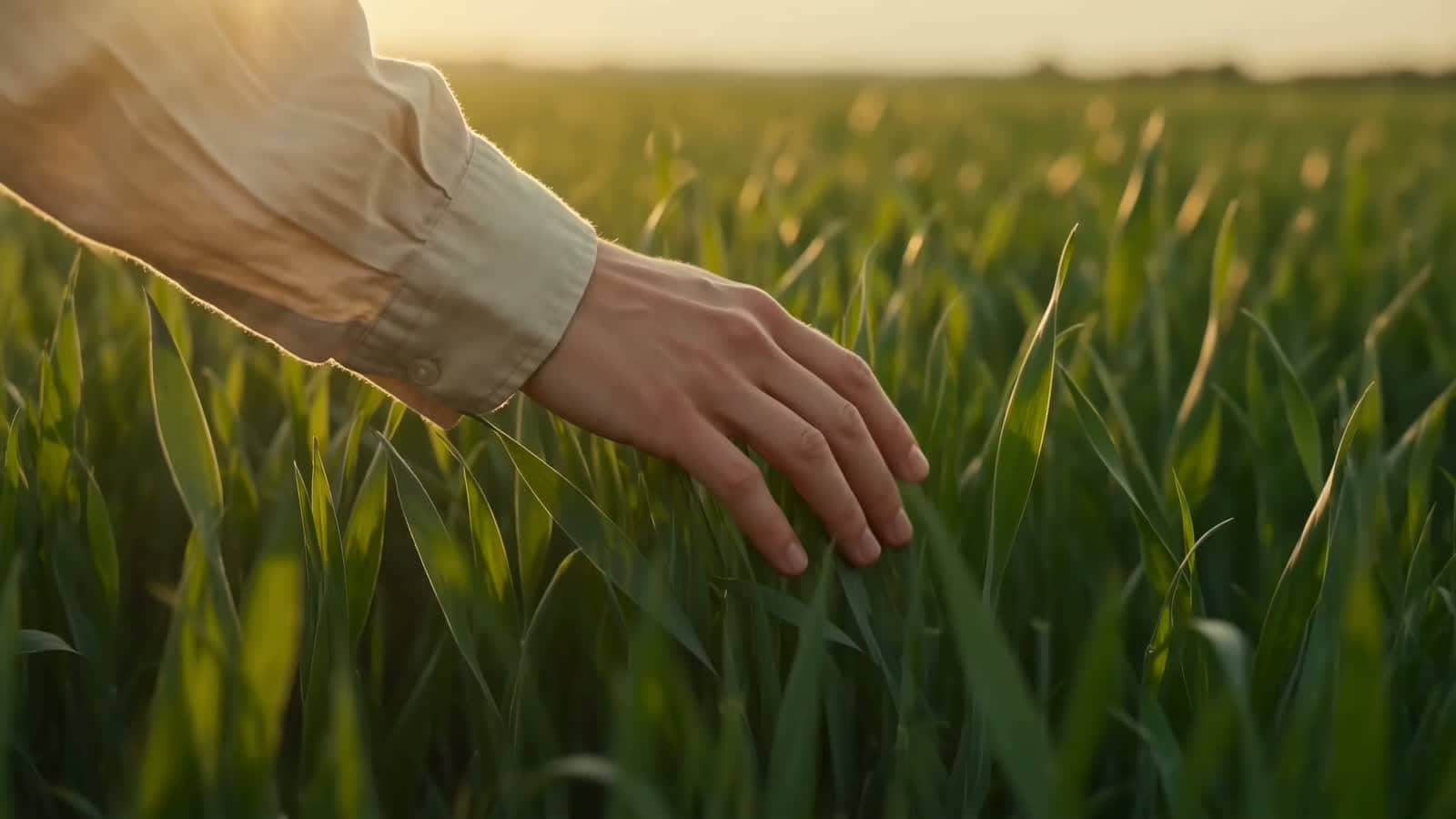 A hand brushing through tall grass in golden evening light.